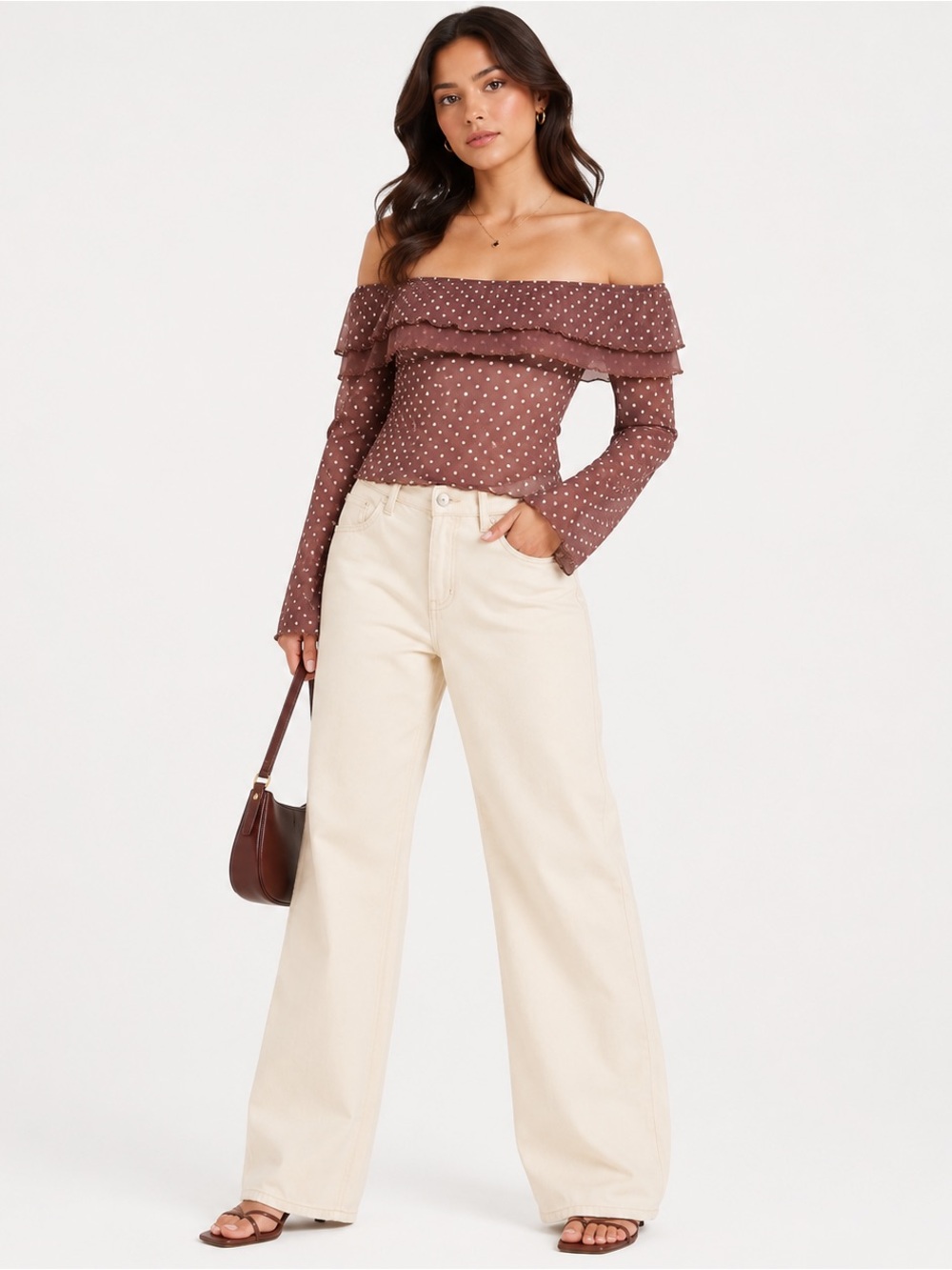 Off-Shoulder Sheer Ruffle Polka Dot Top NWT